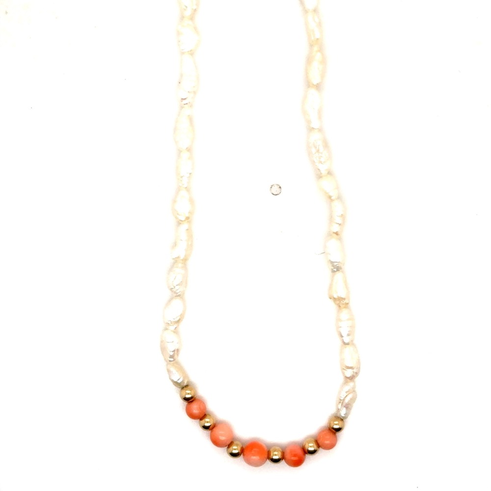 14k Yellow Gold Keshi Pearl and Pink Coral Bead Necklace 18 Inch Fine Jewelry